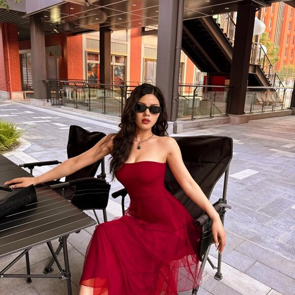 Women's Summer Maxi Dress Polyester Tiered Ruffle Strapless Beach Coverup - Picture 3 of 4